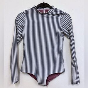 OF ONE SEA Long Sleeve Zip Up Swim Suit | Pinstripe, Blue & White | Small